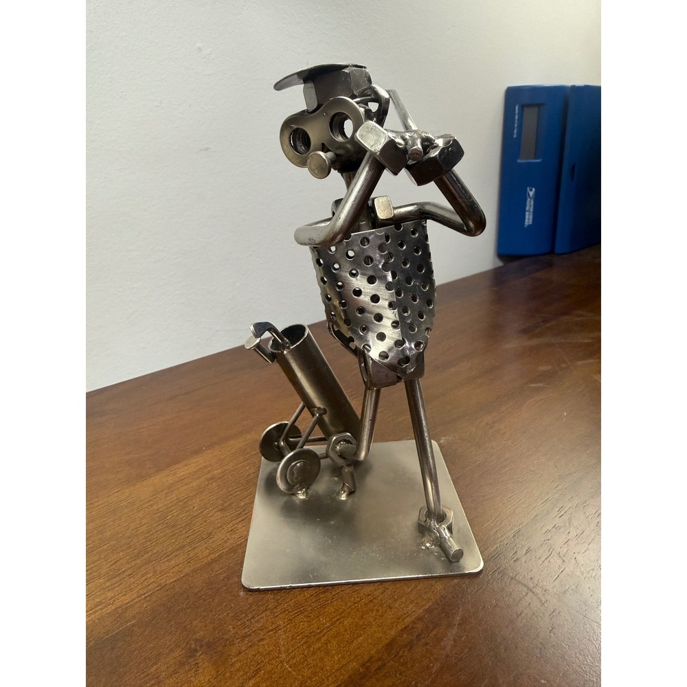 Handcrafted Metal Golfer Figurine Nut and Bolt Industrial Art Sculpture
